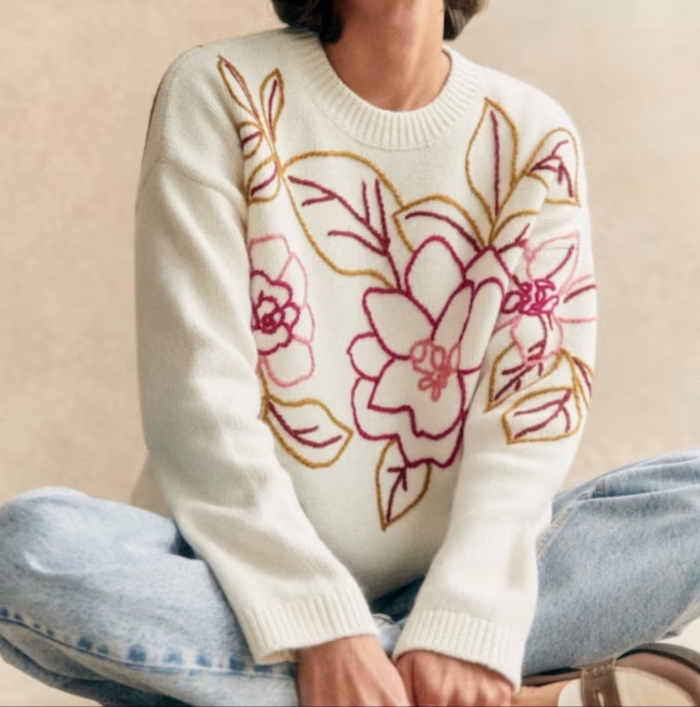 Sezane Cream Crewneck Sweater with Pink & Gold Floral Embroidery